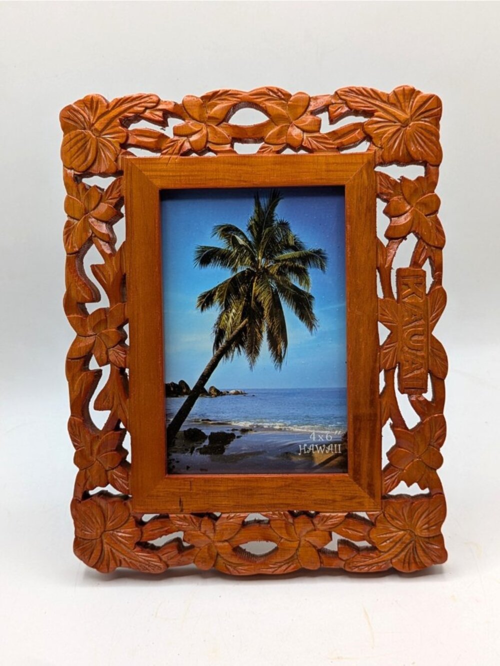 Hand-Carved Wooden Floral Picture Frame - Brown
